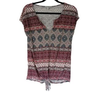Lucky Brand Tie Front Multicolor Patterned V-Neck Top Size Medium